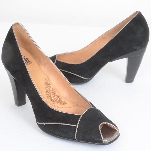 Sofft Leather Suede Peep Toe Shoe Pump Stacked Heels - Picture 1 of 8